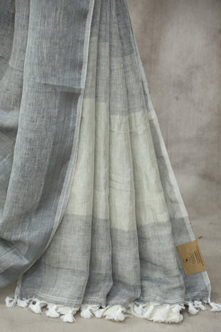 Grey Plain Linen Saree With Tassels-SRGPLS187