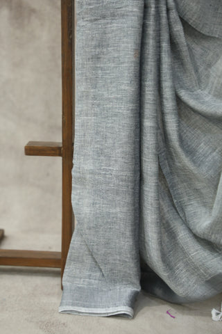 Grey Plain Linen Saree With Tassels-SRGPLS187