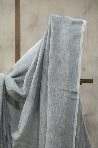 Grey Plain Linen Saree With Tassels-SRGPLS187