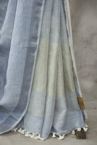 Pastel Blue Plain Linen Saree With Tassels-SRPBPLS186