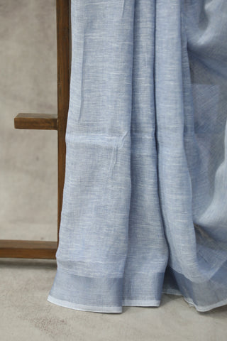 Pastel Blue Plain Linen Saree With Tassels-SRPBPLS186