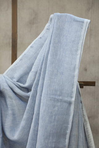 Pastel Blue Plain Linen Saree With Tassels-SRPBPLS186