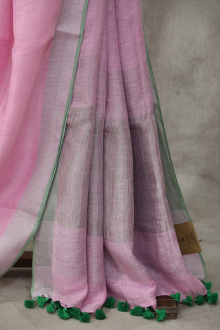 Pink Plain Linen Saree With Green Tassels-SRPPLS189