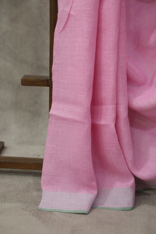 Pink Plain Linen Saree With Green Tassels-SRPPLS189