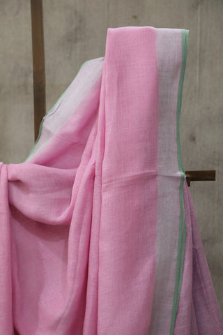 Pink Plain Linen Saree With Green Tassels-SRPPLS189