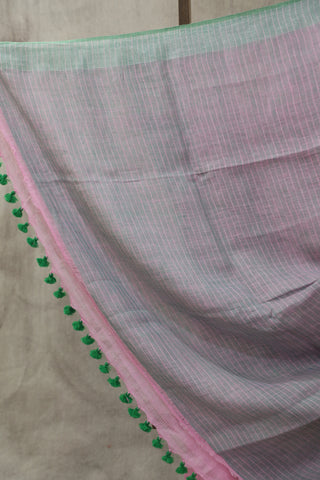 Pink Plain Linen Saree With Green Tassels-SRPPLS189