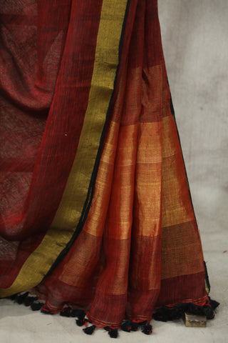 Maroon Plain Linen Saree With Tassels-SRMPLS179