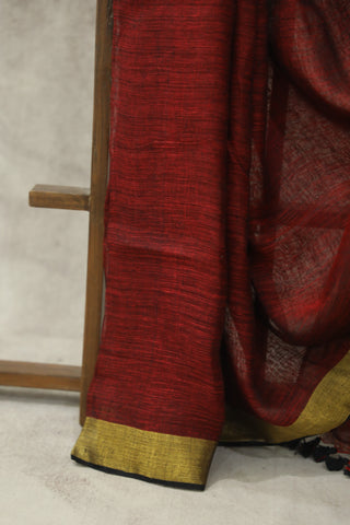 Maroon Plain Linen Saree With Tassels-SRMPLS179