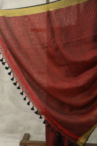 Maroon Plain Linen Saree With Tassels-SRMPLS179