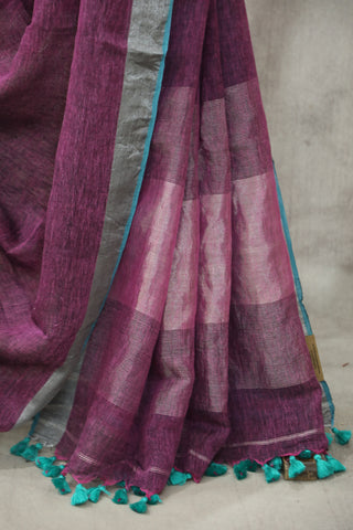 Magenta Plain Linen Saree With Tassels-SRMPLS177