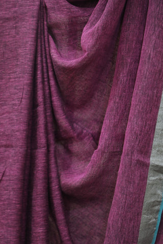 Magenta Plain Linen Saree With Tassels-SRMPLS177