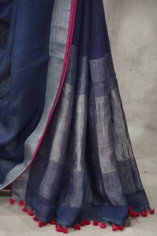 Blue Plain Linen Saree With Pink Tassels-SRBPLS191