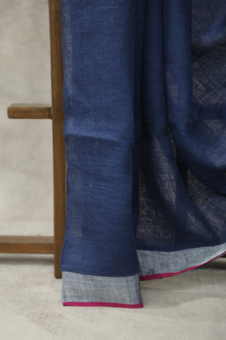 Blue Plain Linen Saree With Pink Tassels-SRBPLS191