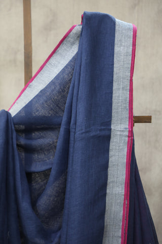 Blue Plain Linen Saree With Pink Tassels-SRBPLS191