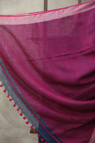 Blue Plain Linen Saree With Pink Tassels-SRBPLS191