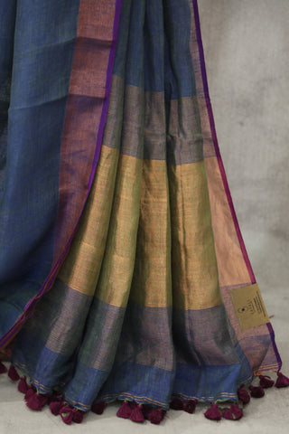 Two Tone Blue Plain Linen Saree With Purple Tassels-SRTTBPLS194