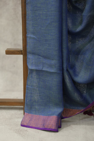 Two Tone Blue Plain Linen Saree With Purple Tassels-SRTTBPLS194