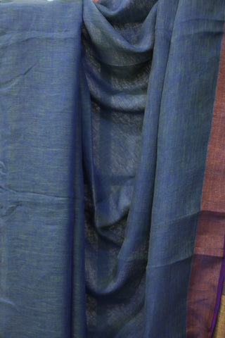 Two Tone Blue Plain Linen Saree With Purple Tassels-SRTTBPLS194