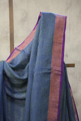 Two Tone Blue Plain Linen Saree With Purple Tassels-SRTTBPLS194