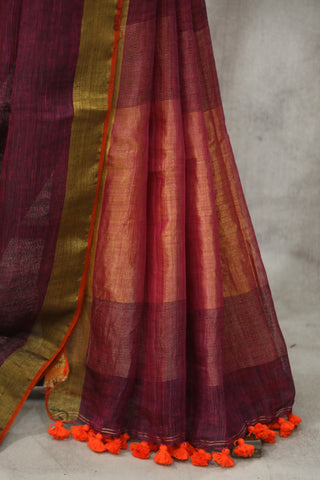 Magenta Plain Linen Saree With Tassels-SRMPLS196