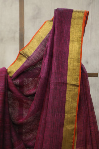 Magenta Plain Linen Saree With Tassels-SRMPLS196