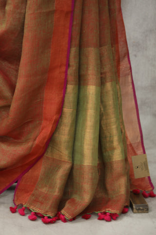 Two Tone Red Plain Linen Saree With Pink Tassels-SRTTRPLS195