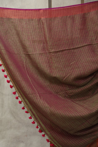 Two Tone Red Plain Linen Saree With Pink Tassels-SRTTRPLS195