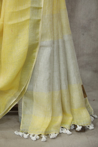 Yellow Plain Linen Saree With White Tassels-SRYPLS197