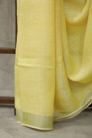 Yellow Plain Linen Saree With White Tassels-SRYPLS197