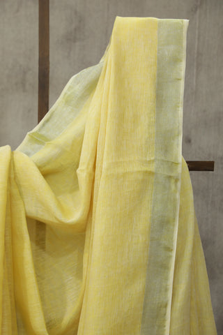 Yellow Plain Linen Saree With White Tassels-SRYPLS197