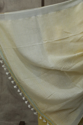 Yellow Plain Linen Saree With White Tassels-SRYPLS197