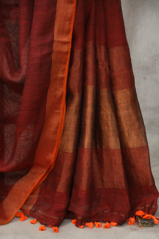 Maroon Plain Linen Saree With Tassels-SRMPLS192