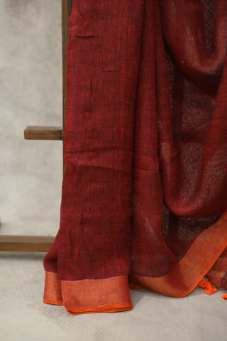 Maroon Plain Linen Saree With Tassels-SRMPLS192