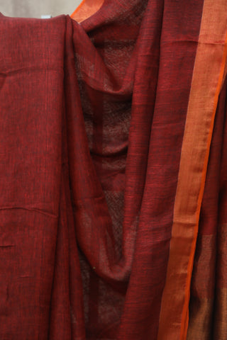 Maroon Plain Linen Saree With Tassels-SRMPLS192