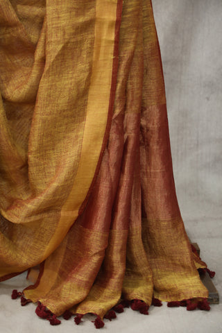 Khaki Plain Linen Saree With Maroon Tassels-SRKPLS193