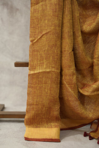 Khaki Plain Linen Saree With Maroon Tassels-SRKPLS193