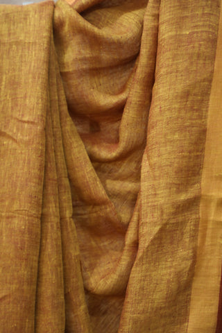 Khaki Plain Linen Saree With Maroon Tassels-SRKPLS193