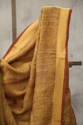 Khaki Plain Linen Saree With Maroon Tassels-SRKPLS193