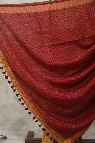 Khaki Plain Linen Saree With Maroon Tassels-SRKPLS193