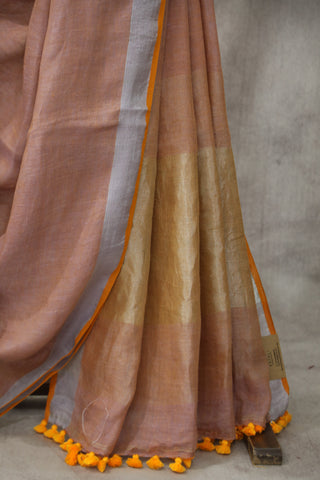 Two Tone Orange Plain Linen Saree With Yellow Tassels-SRTTOPLS180