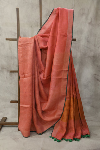 Peach Plain Linen Saree With Green Tassels-SRPPLS178