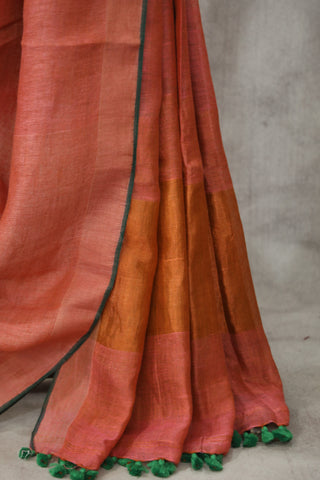 Peach Plain Linen Saree With Green Tassels-SRPPLS178