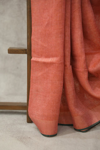 Peach Plain Linen Saree With Green Tassels-SRPPLS178