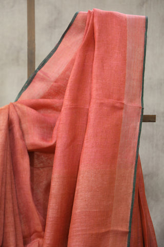 Peach Plain Linen Saree With Green Tassels-SRPPLS178