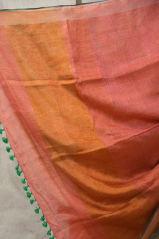 Peach Plain Linen Saree With Green Tassels-SRPPLS178