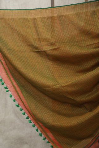 Peach Plain Linen Saree With Green Tassels-SRPPLS178