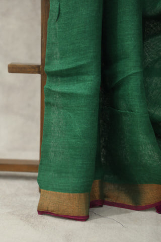 Green Plain Linen Saree With Magenta Tassels-SRGPLS181