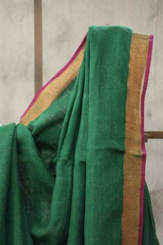 Green Plain Linen Saree With Magenta Tassels-SRGPLS181