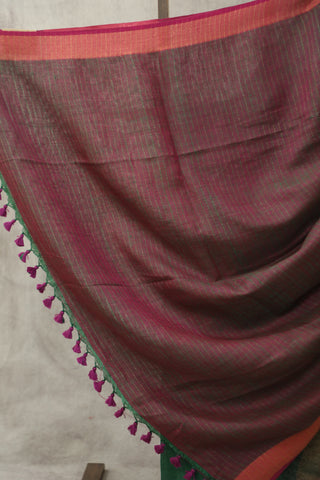 Green Plain Linen Saree With Magenta Tassels-SRGPLS181