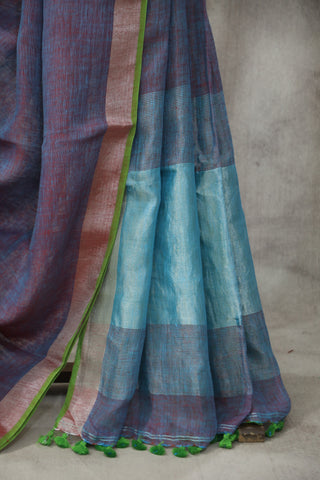 Two Tone Blue Plain Linen Saree With Tassels-SRTTBPLS176